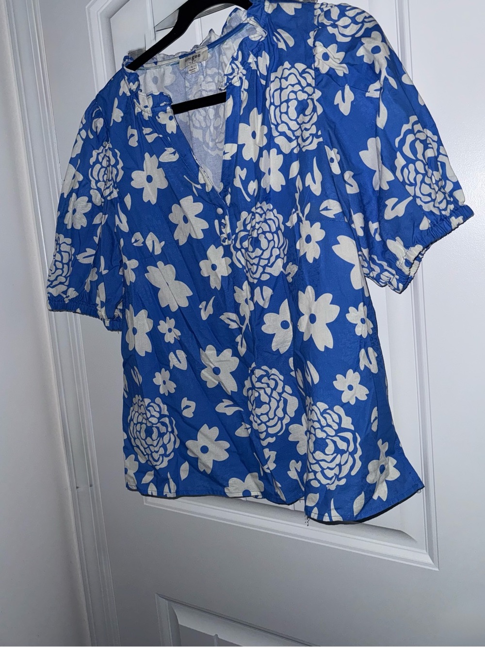 Umgee Blue White Floral Cotton Peasant Blouse Puff Sleeve Size L